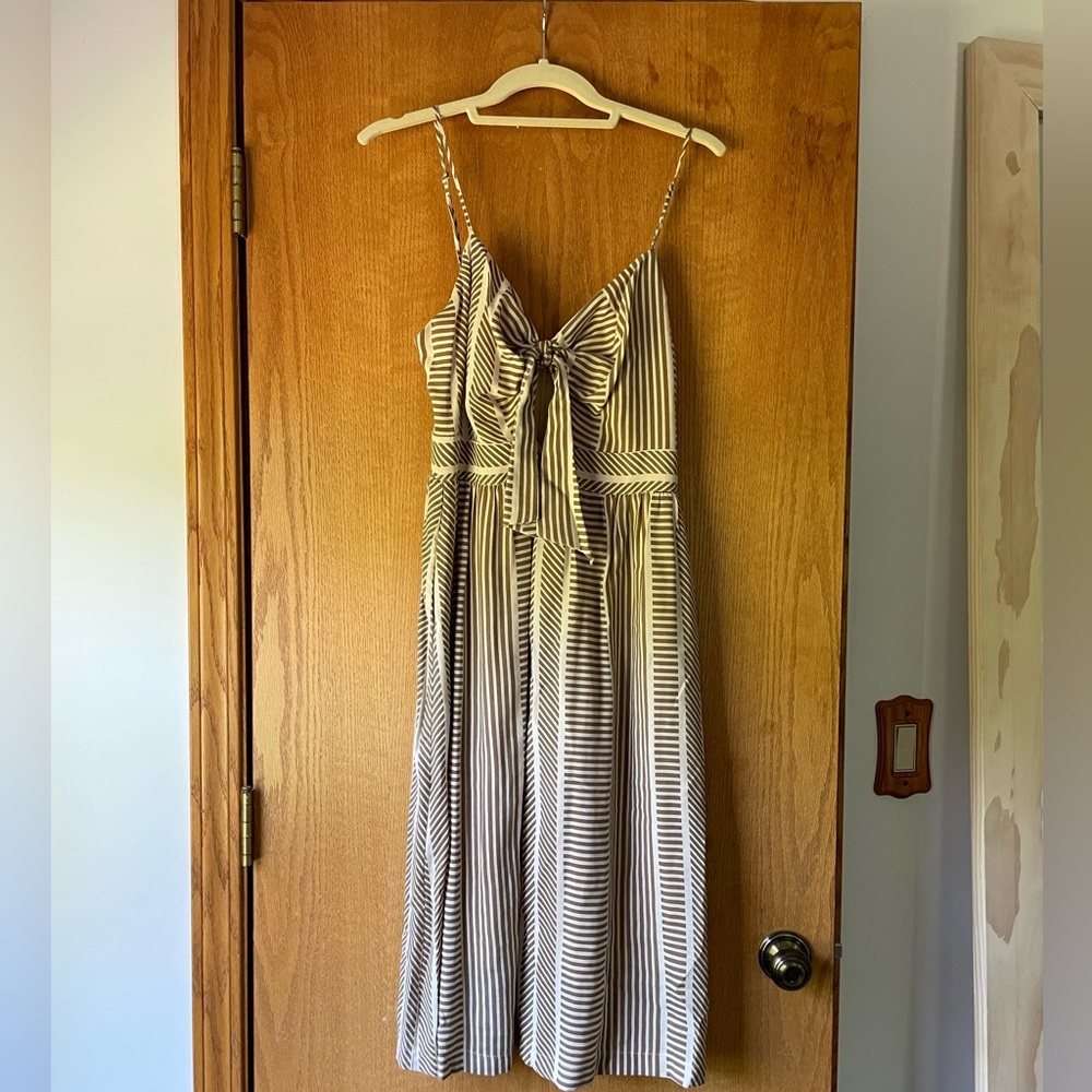 Lulu’s Lush World Wonder Taupe/Brown Striped Tie-Front Midi Dress